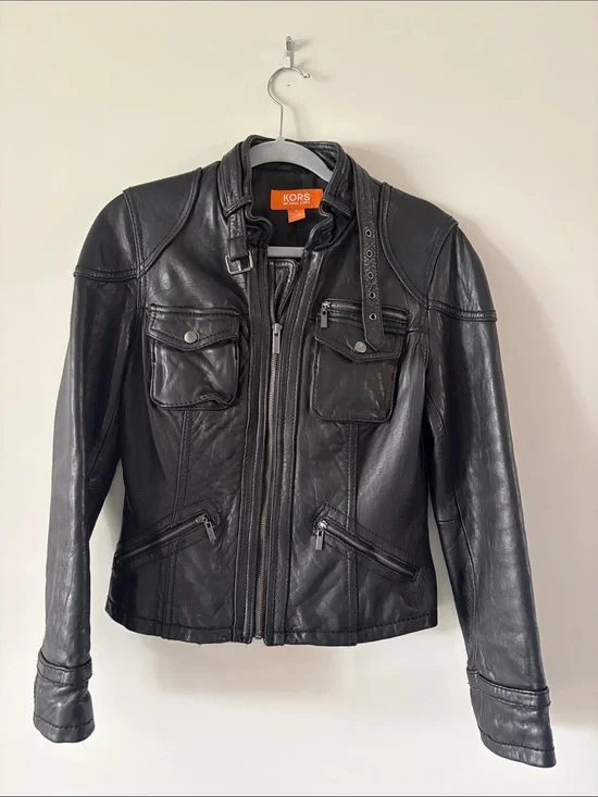 KORS Michael Kors Black Leather Zip Front Jacket