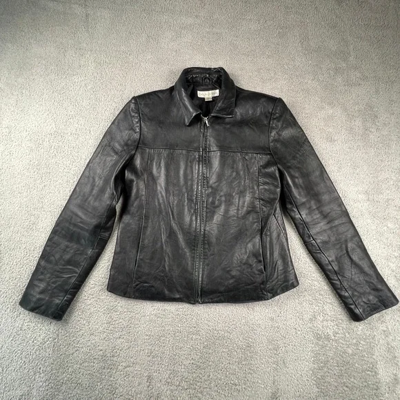 Genuine Leather Jacket Womens Medium‎ Black Zip Up Moto Casual Corner