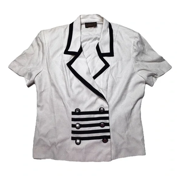 Vintage 80s VIRGO II Nautical Blouse Women 10 White Black Military Button USA‎