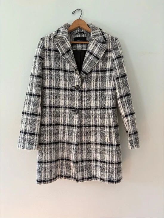 Tahari Black White Plaid Wool Blend Car Coat Jacket Mid Length Size M Medium