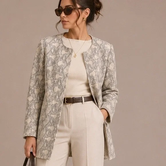 Chicos Snakeskin Print Collarless Longline Jacket Gray Beige Size 8/10 Medium