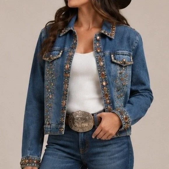 Berek Takako Sakon Blue Denim Embellished Jeweled Jacket Womens Large Y2K Boho