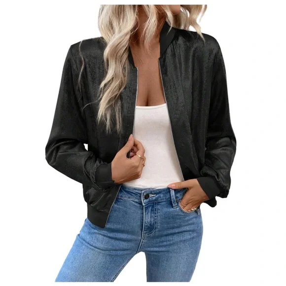 Metallic Black Bomber Jacket Women's Medium Edgy Zip-up‎ Dark Lightweight Retro