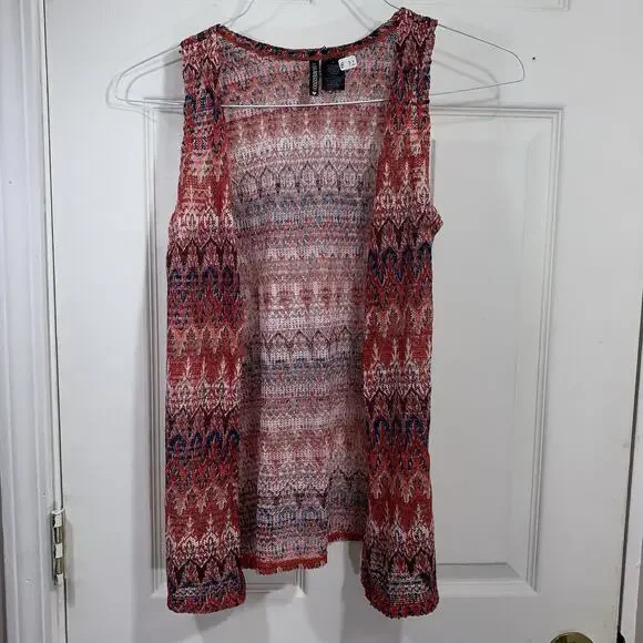 Miss Understood Vest‎ Womens Large Red Blue Ikat Knit Open Front Sleeveless