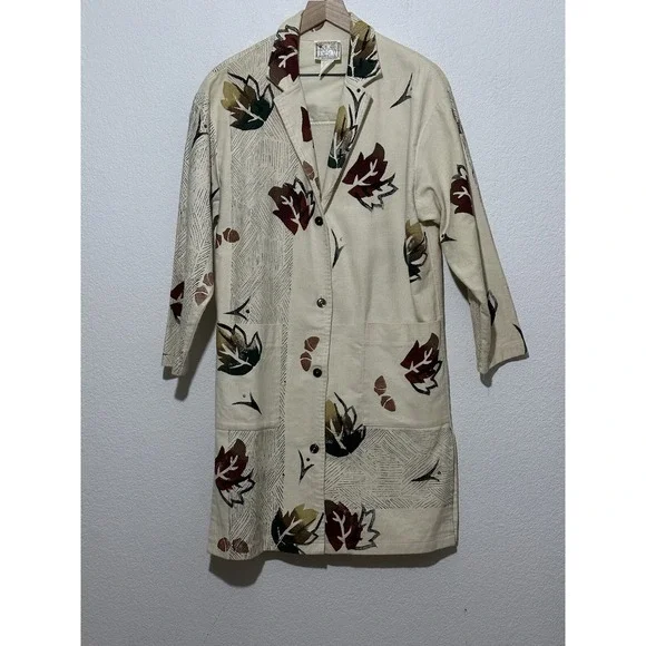 Womens Jacket Duster Corduroy Hand Painted Pockets Large Artsy Boho Hippie‎ USA