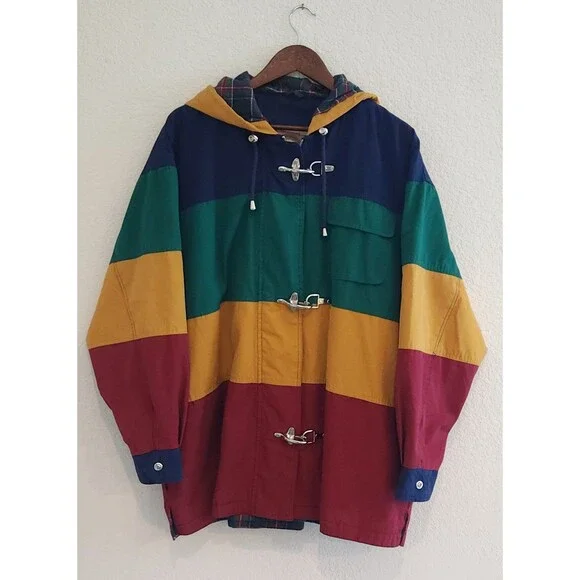 Vtg 90s Venezia Colorblock Fireman Jacket 18 20 Plus XL Plaid Lined Hooded Parka