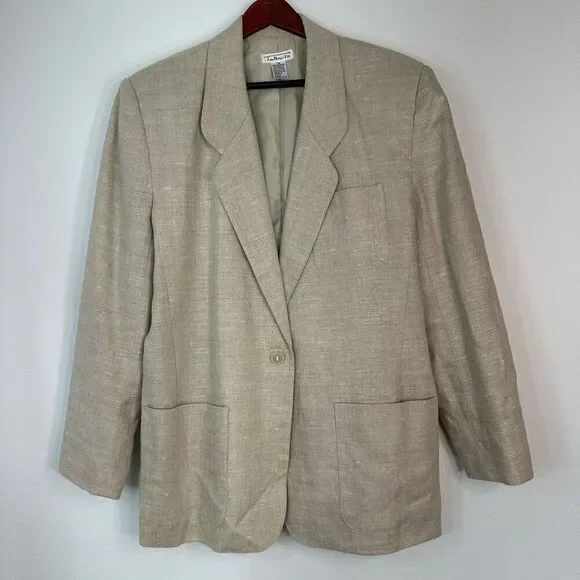 Vintage Talbots 100% Linen Tan Blazer Womens 14 Pockets Preppy Minimalist Career