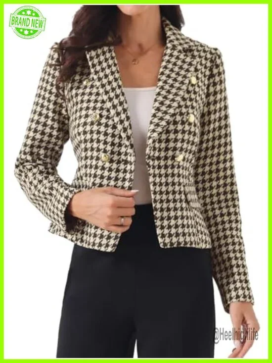 Cropped Houndstooth Blazer Notch Lapel Button Down Business Casual Jacket
