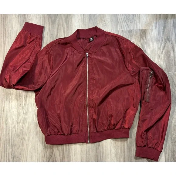 SHEIN Burgundy Red Bomber Jacket Full Zip Side Pocket Ribbed Cuffs Womens Size L
