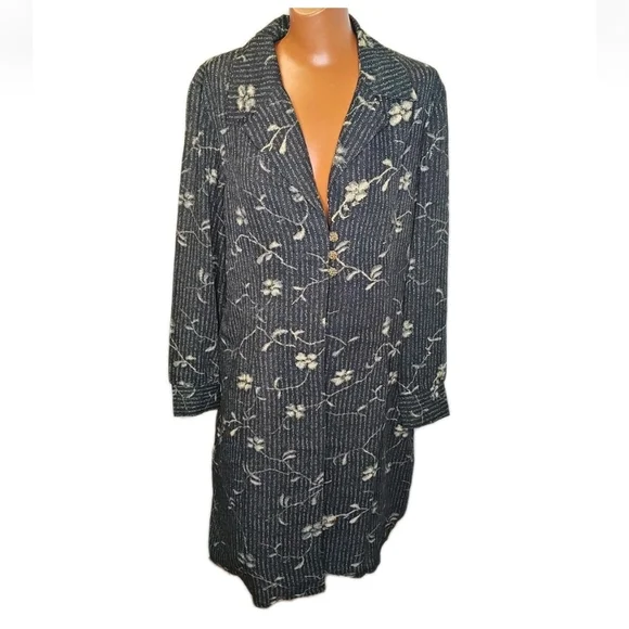 Vtg 70s USA Vany Woman Petite NY Long Blazer Jacket 18 WP Black Floral 3 Button