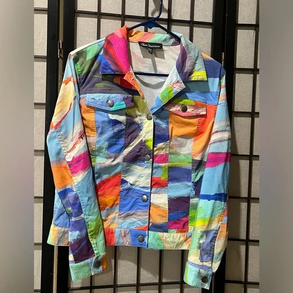CLAIRE DESJARDINS  Colorful ART Abstract Patchwork Denim Jacket SIZE MP