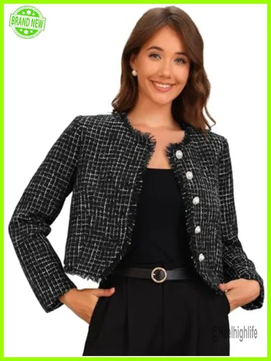 Plaid Tweed Cropped Button Up Jacket - Elegant Work Wear