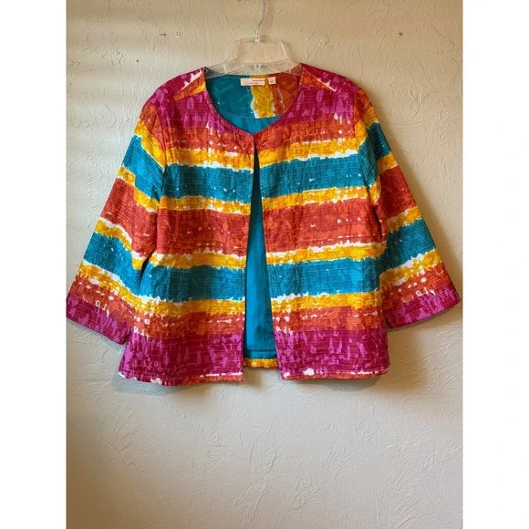 Choices Womens Quilted Jacket Multicolor Striped Open Front Cotton‎ L
