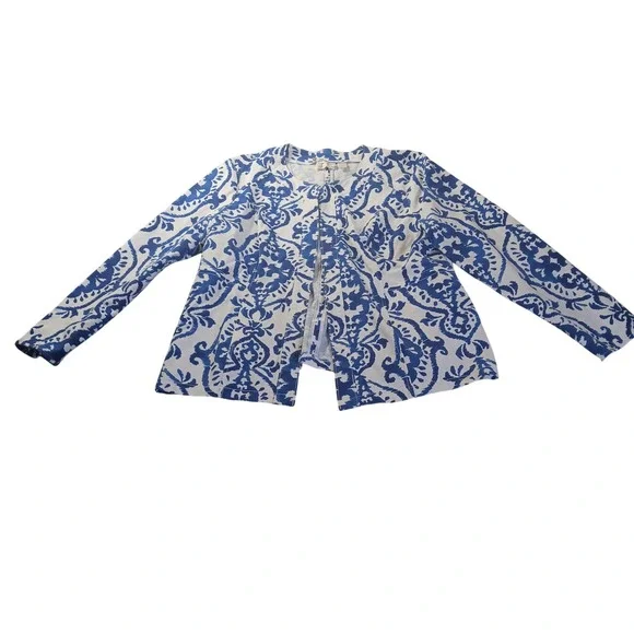 Chico's 3 (US 16) Hook Front‎ Jacket Blue White Damask Pattern READ Damask
