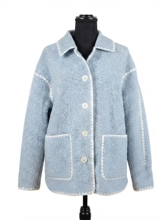 Light Blue Sherpa Pea Coat with Contrast Trim