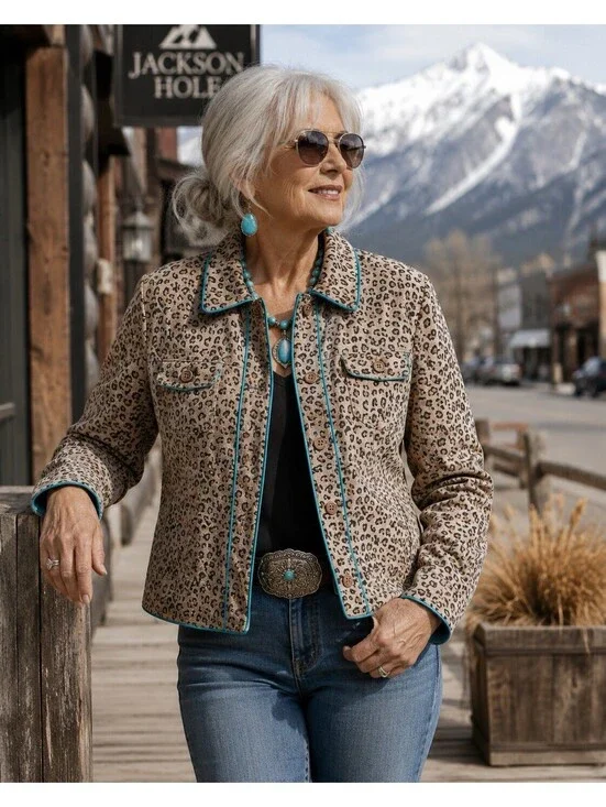 100% Leather Animal Print Western Vintage Women’s Jacket With Turquoise Accent