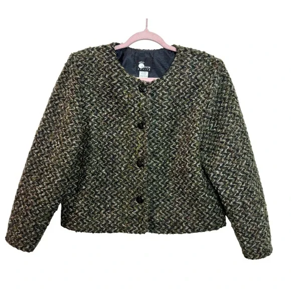 First Option Dark‎ Academia Classic Tweed Jacket Blazer Chevron Green Large PL