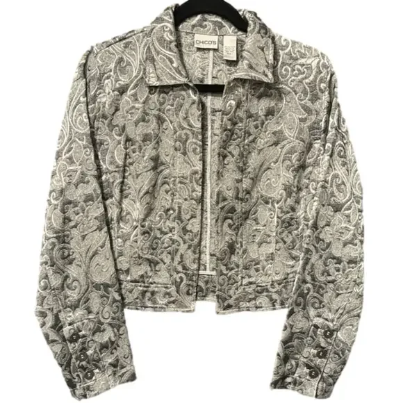 Chicos Brocade Gray Silver Open Front Jacket Blazer Size M