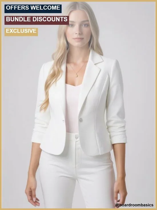 Cropped Blazer 3/4 Ruched Sleeve Lightweight Office Wear with Button