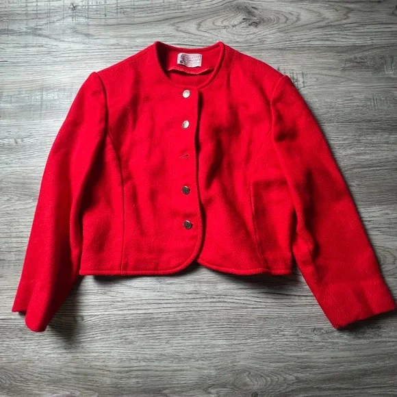 Pendleton Jacket Womens Red‎ Virgin Wool Cropped Button Front Vintage Blazer USA