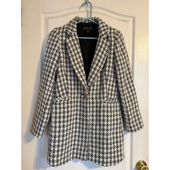 Rachel Zoe Womens Black White Tweed Longline Blazer Jacket‎ Heart Button Size S