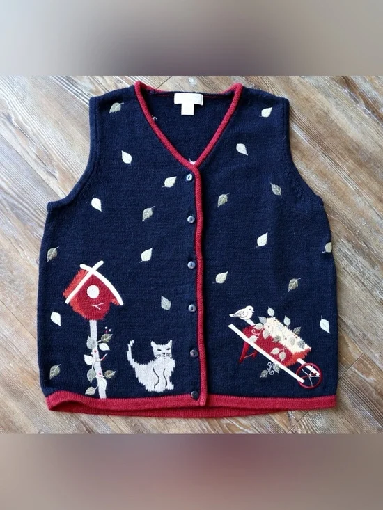 Vintage 2002 Christopher & Banks Cat Birdhouse Wheelbarrow Sweater Vest Womens S