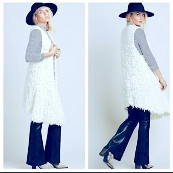 NWT FREE PEOPLE ROLLING STONE FURRY SHAGGY VEST LONG DUSTER IVORY FITS XS-M