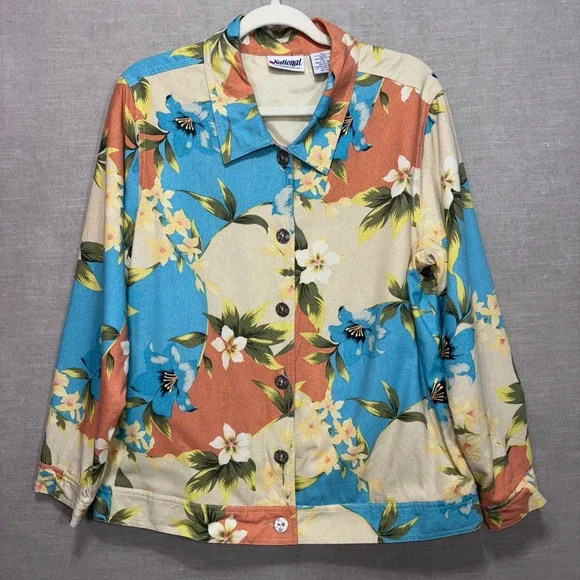 National Womens Silk Floral Button Jacket ‎ L Colorful Bold Statement Dopamine