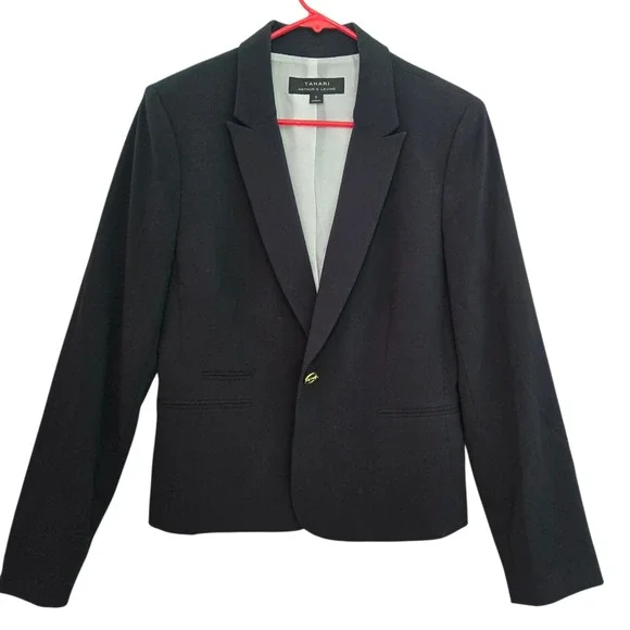 Tahari Arthur S Levine Womens Black Single Button Blazer Career Academia‎ Size 8