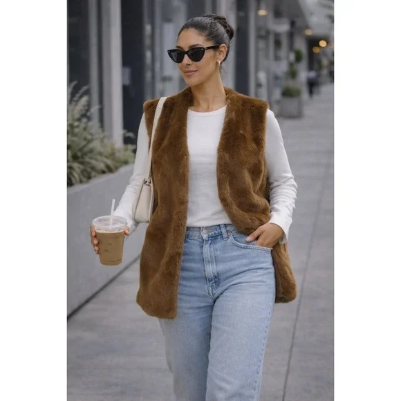 Stella & Dot Faux Fur Vest Women M Brown Excellent‎ Plush Open Front Cutout Back