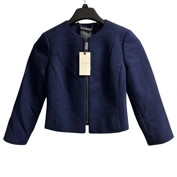 Ted Baker Blazer Navy Blue Cropped Textured Jacket Womens 0 Office Career Staple