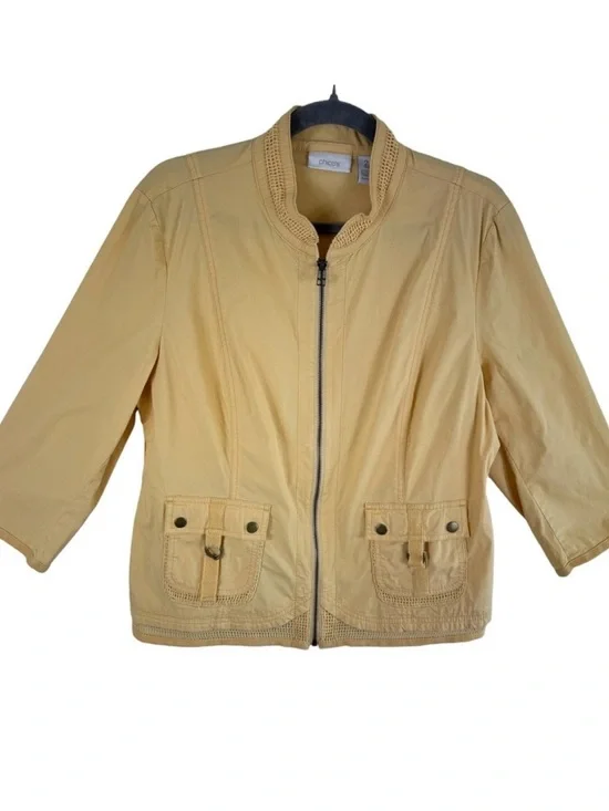 Chico's Pastel Yellow Full Zip Lightweight Mock Neck 3/4 Sleeve Cotton‎ Jacket L