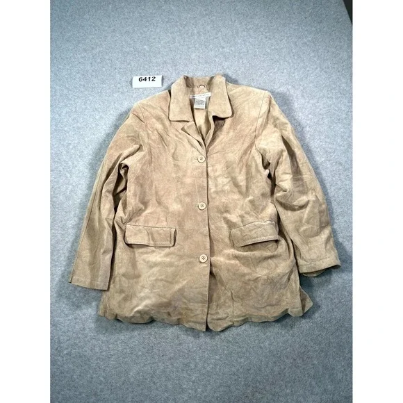 Jessica Holbrook Suede Leather‎ Jacket Womens XL Tan Pockets Button Front Lined