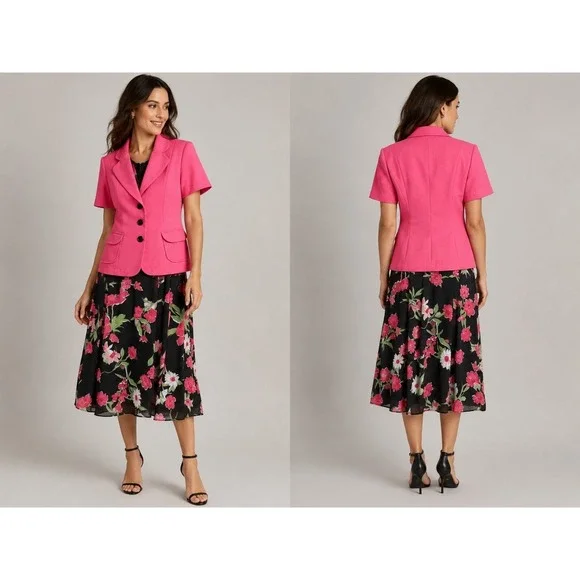 Studio I 2 Piece Dress Suit Womens 22W Pink Blazer Black Floral Sleeveless Dress