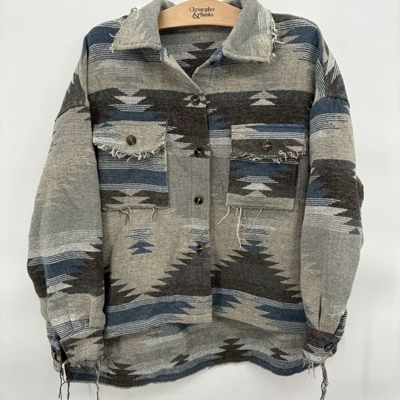 Dist. Aztec Print Shacket Southwestern Shirt Jacket Sherpa Western Button L/XL‎