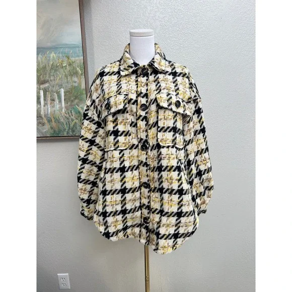 Listicle Houndstooth Shacket Womens Medium Black Yellow Plaid Button Up Jacket