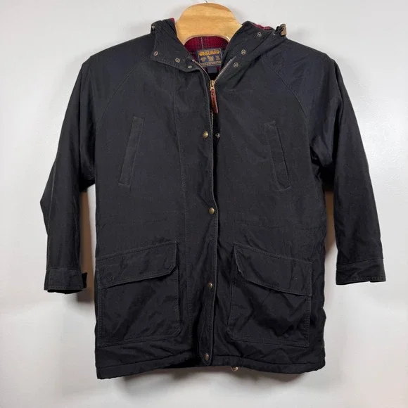 Woolrich Women Large Black Hooded Field Jacket Plaid‎ Quilt Lined Casual Vintage
