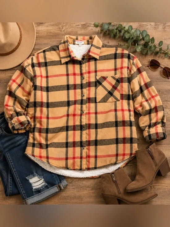 Andrée by Unit Tan Plaid Sherpa Lined Shacket Teddy Jacket 1X Button Front