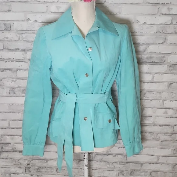 Vintage Abe Schrader Blue Turquoise Suede Retro Lightweight Belted Jacket
