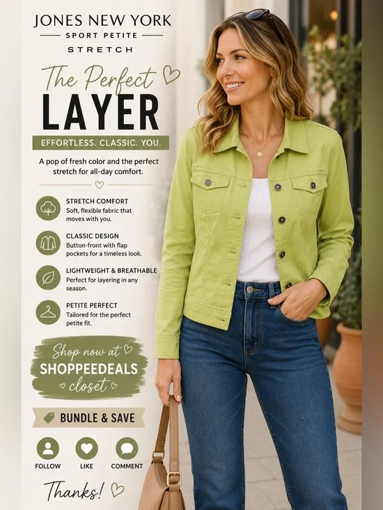 Jones New York Petite Green Button-Front Jacket | Pockets