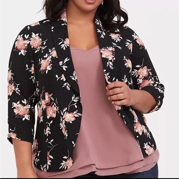 Torrid Womens Plus 2X Black‎ Floral Knit Crepe Drape Blazer Open Jacket