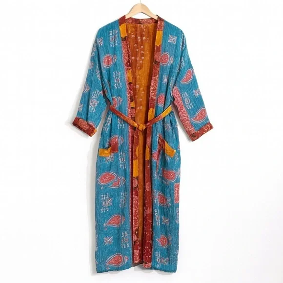 Handmade India Kantha Stitch Cotton Floral Contrast Tie Pockets Duster Cardigan