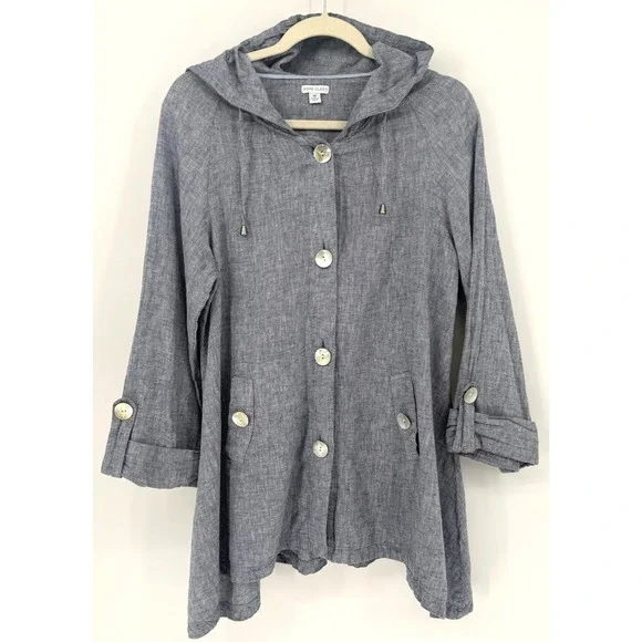 Sigrid Olsen Womens M Jacket Linen Blend Blue Hooded Swing‎ Lagenlook Nautical