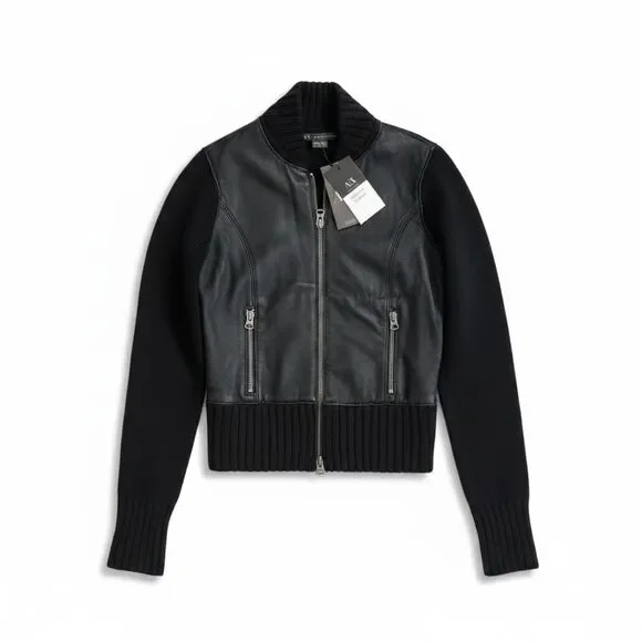 A|X Armani Exchange NWT Lambskin Leather & Merino Wool Knit MotoJacket XS