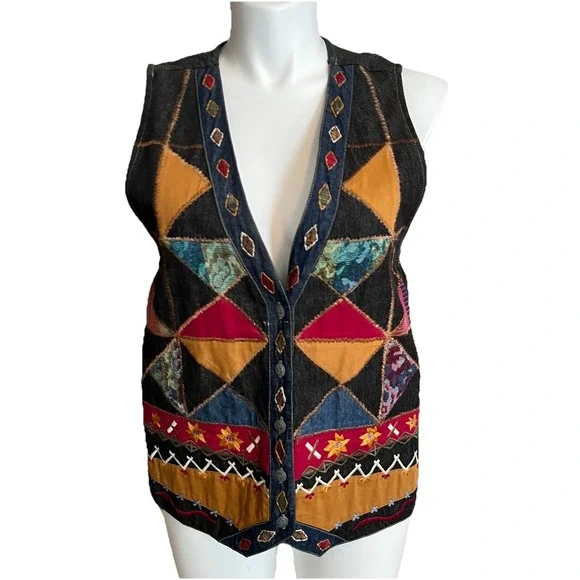 VTG Carole Little Denim‎ Embroidered Patchwork Vest L  Festival Cottagecore Boho