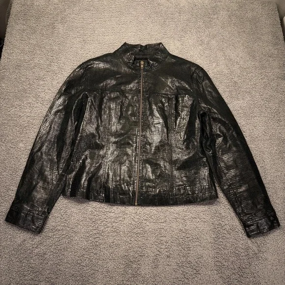 Rafaella Y2K Leather Jacket Womens 10 Black‎ Crocodile Embossed Zip Moto Biker