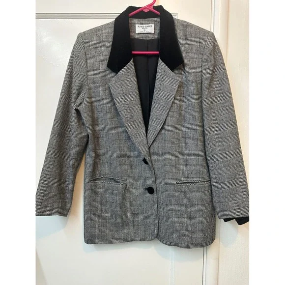 Alfred Dunner Vintage‎ Plaid Blazer Velvet Collar Grey Black Wool Blend Petite 6