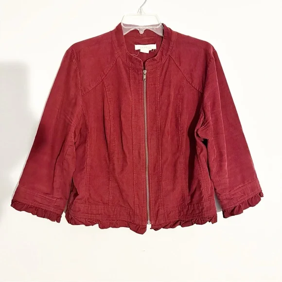 Sandro Corduroy Burgundy Zip Front Jacket Ruffle Hem 3/4 Sleeve Women’s Size XL