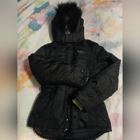 Pepe Jeans‎ London. Black Hooded Winter Jacket with Fur Trim. SzXL