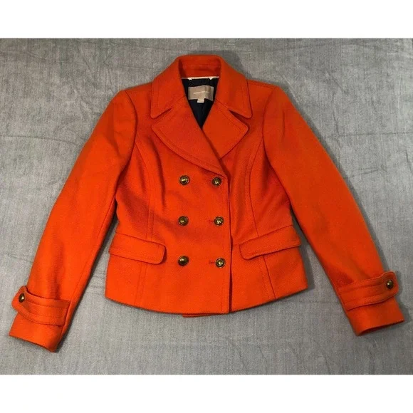 Banana Republic Jacket Women Small Orange Double Breasted Pea Coat Gold Buttons